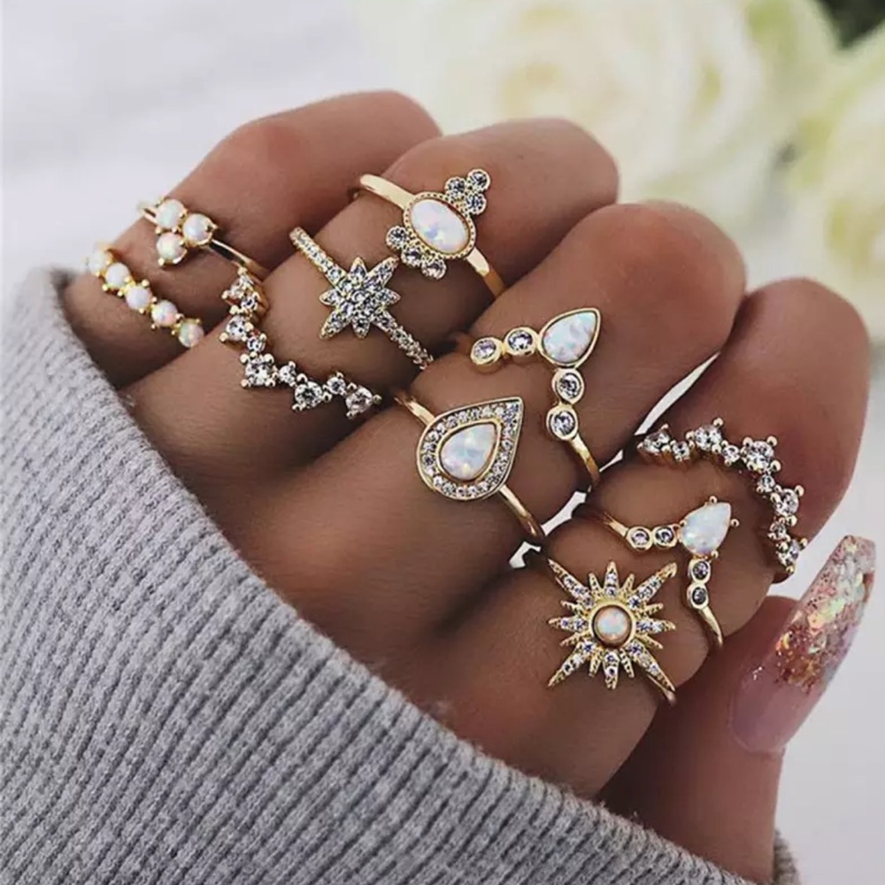 2/$10 NEW! Geometric Boho Midi Ring Set of 10 Opal Cute Bohemian Summer Vintage